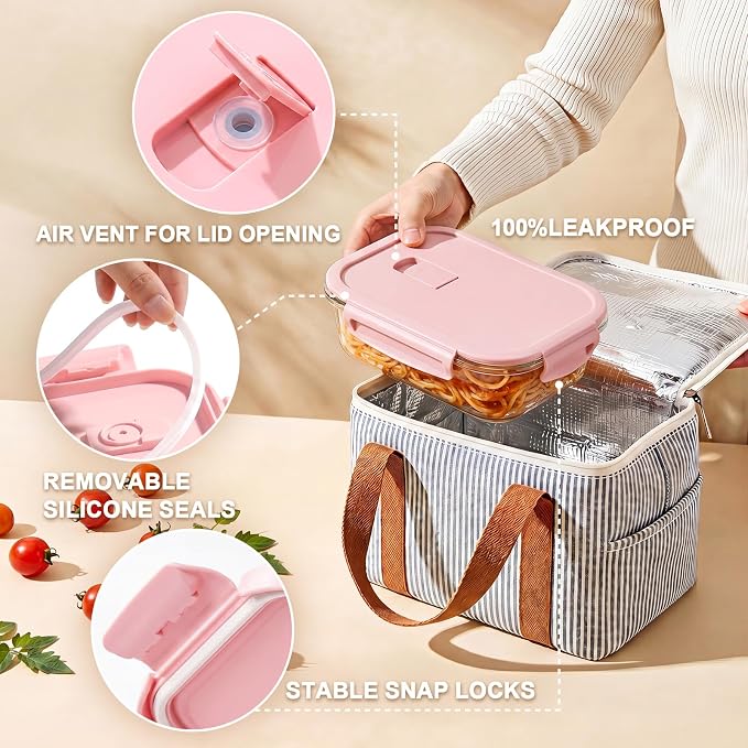 8 Pack Glass Food Storage Containers with Lids(Pink) | Meal Prep Containers with Snap Locking Lids, Airtight Lunch Containers for Microwave, Oven, Freezer and Dishwasher, BPA Free