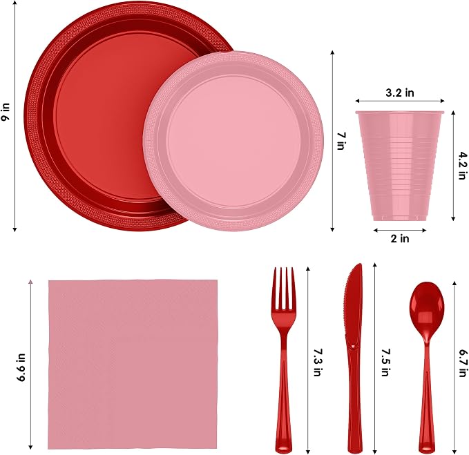 Party Solids 350 Pieces Valentines Plastic Plates For Party, Valentines Disposable Plates Set, 50 Of Each 9" Dinner Plate Set, 7" Dessert Plate, Cups, Napkins & Cutlery Plastic Dinnerware Set