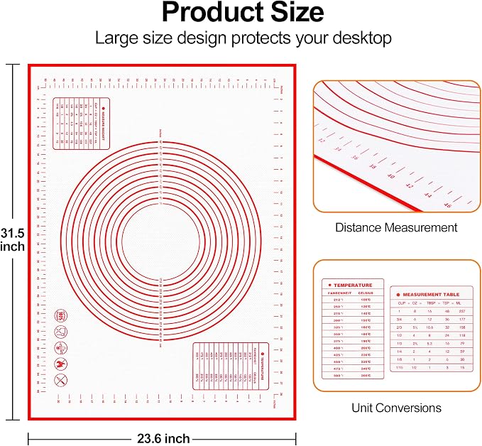 HOOMIL Silicone Baking Mat, 32 x 24 Inch Pastry Mat with Measurements | BPA-Free, Food-Contact Material, Nonstick Baking Mat with Non-Slip Counter Grip, Dishwasher Safe, Rolls for Storage