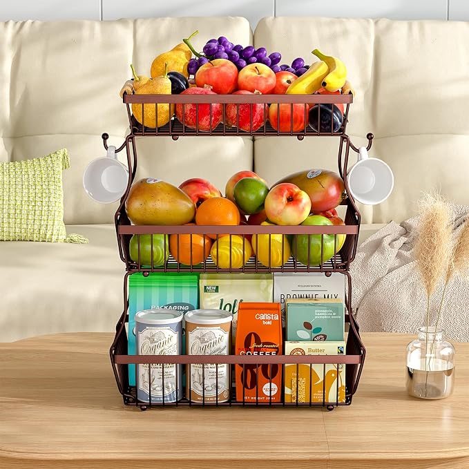 3 Tier Fruit Basket for Kitchen Counter with 2 Banana Hangers, Countertop Metal Fruit Bowl with Wooden Handle, Large Storage Stand for Vegetables, Snacks, Breads, Produce Storage – Brown