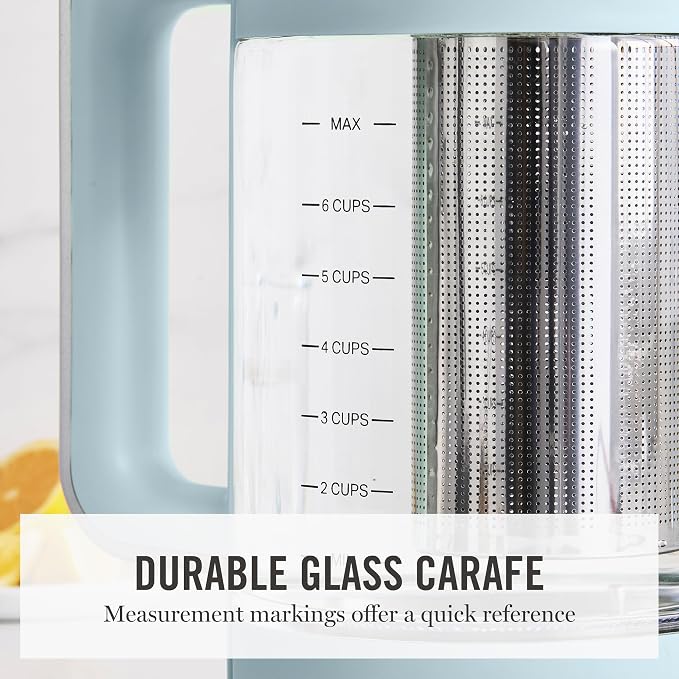 Martha Stewart 1.7L Glass Carafe Electric Kettle with Removable Tea Infuser | 7 Cups, 4 Presets, Rapid Boiling, Stainless Steel Tea Leaf Infuser, Cordless Swivel Base, Keep Warm, Auto Shut-Off, Sky Blue