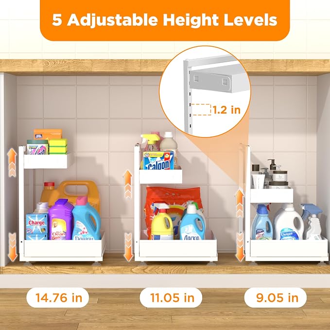TATAANTY Under Sink Organizer 2 Pack, 2 Tier Metal Under the Sink Storage, Heavy Duty Slide out Pull out Cabinet Organizer, Height Adjustable for Kitchen Bathroom Pantry Closet Organization Rack