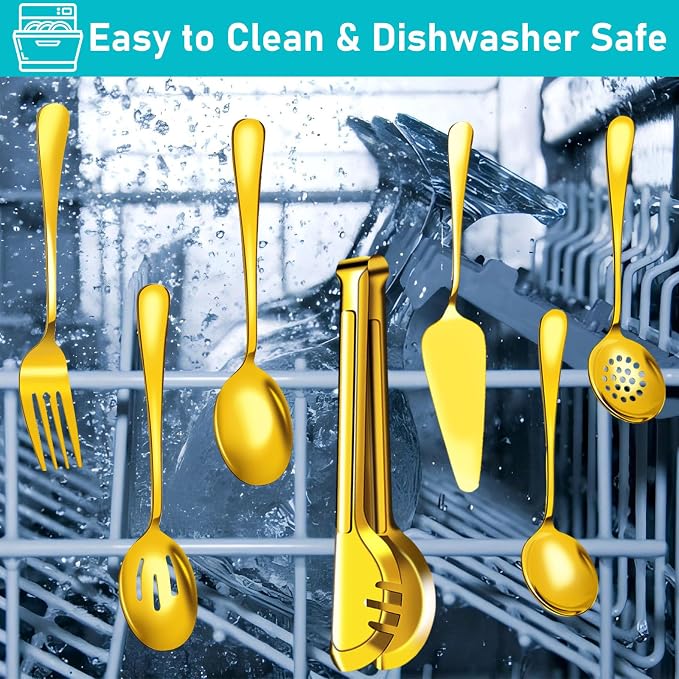Serving Utensils, 30 Pcs Stainless Steel Large Flatware Serving Tools Kit | Include Spoons, Forks, Tongs, Slotted Spoon, Ladle, Cake Server for Kitchen Catering Banquet Wedding Buffet Party, Gold