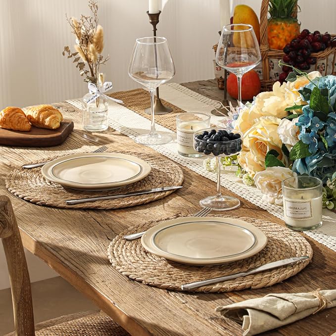 13.8'' Round Woven Placemats Set of 60, Boho Wicker Chargers, Terrekraft | Handmade from Natural Water Hyacinth, Heat-resistant & Non-slip Rattan Chargers, Rustic Farmhouse Decor, Party & Wedding Use