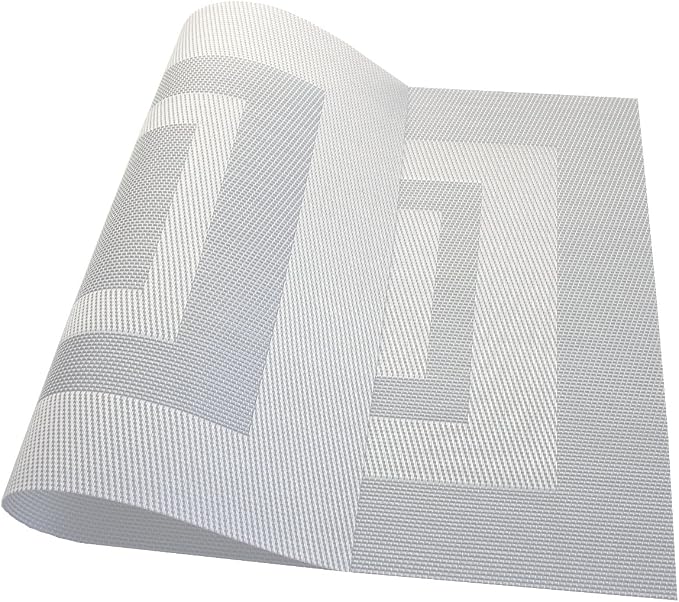 PIGCHCY Placemats Set of 12 Washable Durable Place Mats Vinyl Heat Resistant Non-Slip Table Mats Indoor Outdoor (18 x 12 inches, Silver White)