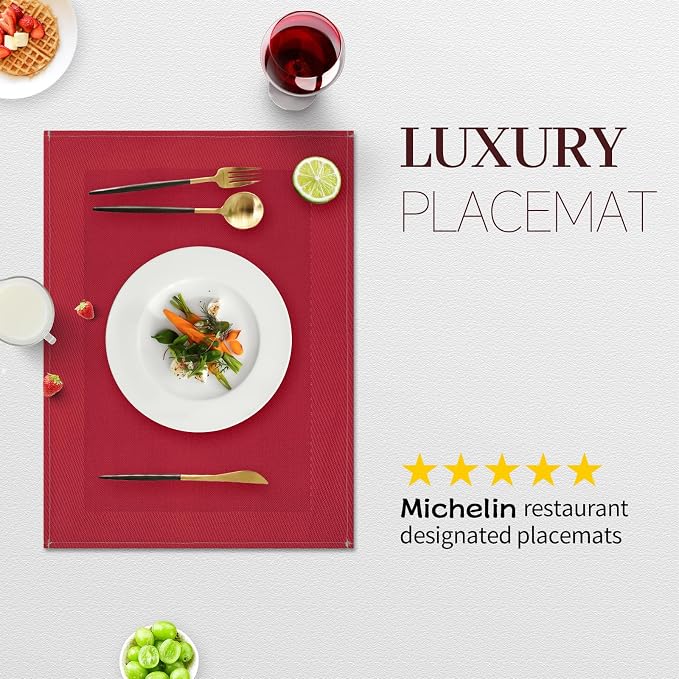 Red Placemats Set of 8, 12x18 Inch Faux Linen Table Mats | Heat Resistant and Washable Design, Easy to Clean Surface for Dining Rooms, Kitchens, Outdoor Parties and Everyday Home Decor