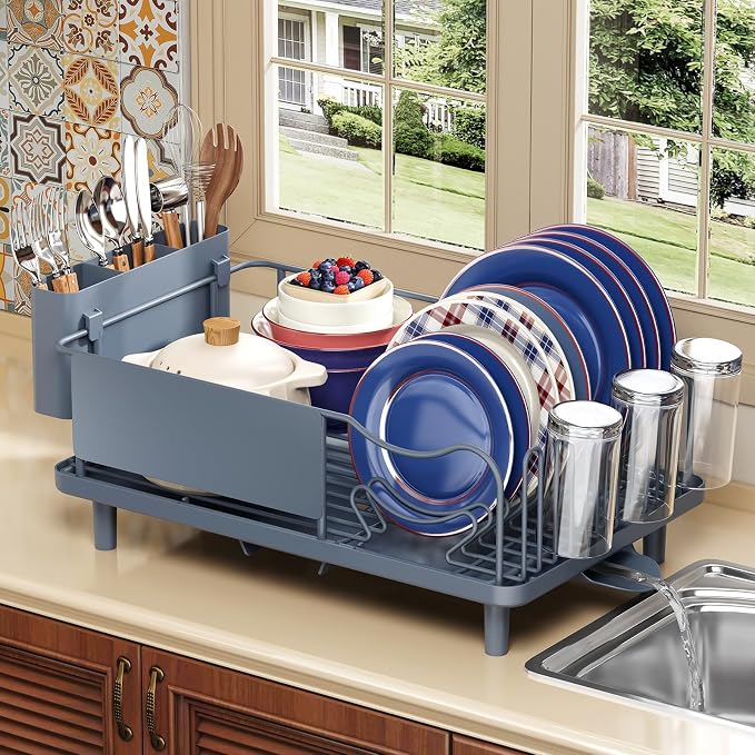 KINGRACK Dish Drying Rack for Kitchen Counter, Dish Drainer with Cup Holder | 16.9"L x 12.4" W Dish Rack with Spacious Drying Capacity, Quick Auto Dish Drainer for Plate Dish Dinnerware, Blue