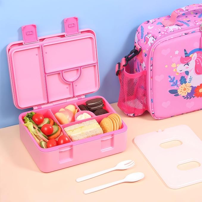 rockpapa Chill Bento Box for Kids- Large 5.5 Cups Lunch Box with Ice Pack - 5 Compartments, BPA-Free, Leak Proof, with Utensils & Portable Handle, Microwave/Dishwasher Safe (Pink Unicorn)