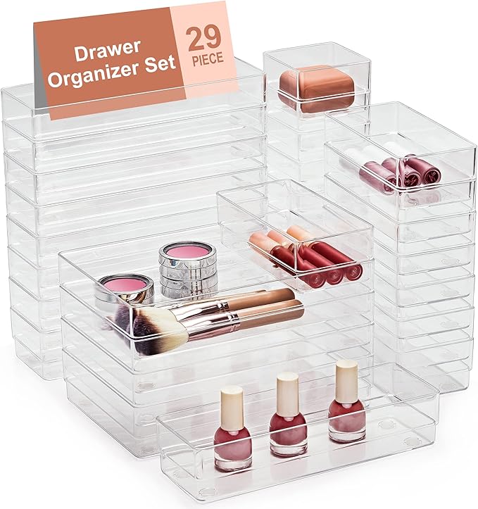 SMARTAKE 29 PCS Drawer Organizer, 4-Size Desk Bathroom Drawer Organizer | 4-Size Storage Tray with Non-Slip Silicone Pads for Makeup, Jewelries, Utensils in Bedroom Dresser, Office and Kitchen Clear
