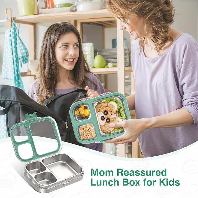 HOMEKOL Stainless Steel Bento Lunch Box, Green, 3.3Cups | 3-Compartment,Leak-Proof, for Kids & Adults, BPA-Free, Dishwasher Safe, Clear Tritan Lid, 800ml (Not Insulated)