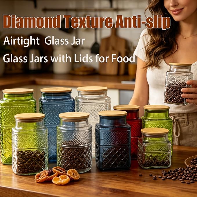 Viovian 60oz Square Glass Jar with Airtight Lid Blue Glass Storage Jars with Scoop,Vintage Glass Coffee Canister for Food Nuts