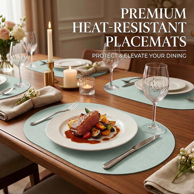 Faux Leather Placemats Set of 6, Wipeable Waterproof Stain Resistant Table Mats, Heat Resistant Thick Placemats with Hand-Painted Edges for Kitchen Dining, Imitative Linen Texture, Various Shapes