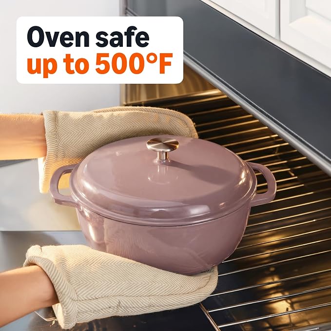 Amazon Basics Cast Iron Dutch Oven Pot with Lid, Enameled, Dual Handles, Heavy-Duty, Large, 7.3-quart, Clay