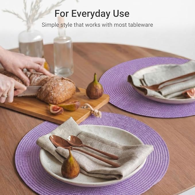 FunWheat Round Braided Placemats Set of 8 Table Mats for Dining Tables Woven Washable Non-Slip Place mats 15 inch(Lavender Purple,8pcs)
