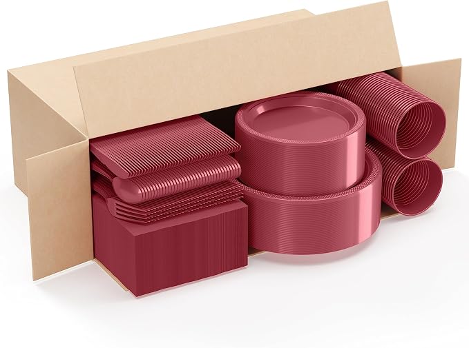 350 Pcs Burgundy Plastic Plates For Party, Burgundy Disposable Plates Set, 50 Of Each 9" Dinner Plate Set, 7" Dessert Plate, Cups, Napkins & Cutlery Plastic Dinnerware Set Exquisite