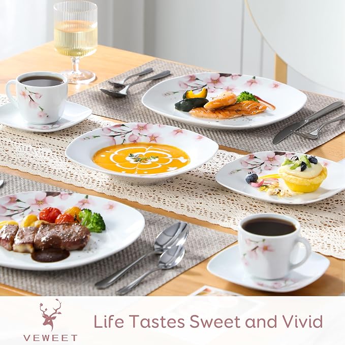 VEWEET 30 PCS Ceramic Dinnerware Sets for 6, Pink Floral Dish Set, ANNIE | Porcelain Dinner Set Including Dessert Plates, Soup Plates, Dinner Plates, Cups & Saucers, Microwave & Dishwasher Safe