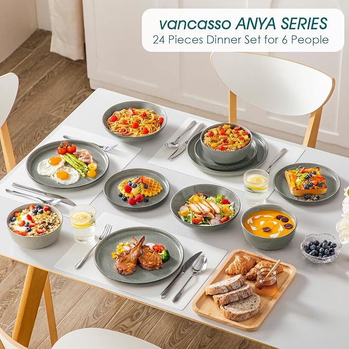 vancasso ANYA 24 Pieces Plates and Bowls Set, Stone Grey Dinnerware Sets, Reactive Glaze Dishes Set for 6, Ceramic Dishware Sets Kitchen Dinner Set, Microwave & Dishwasher Safe