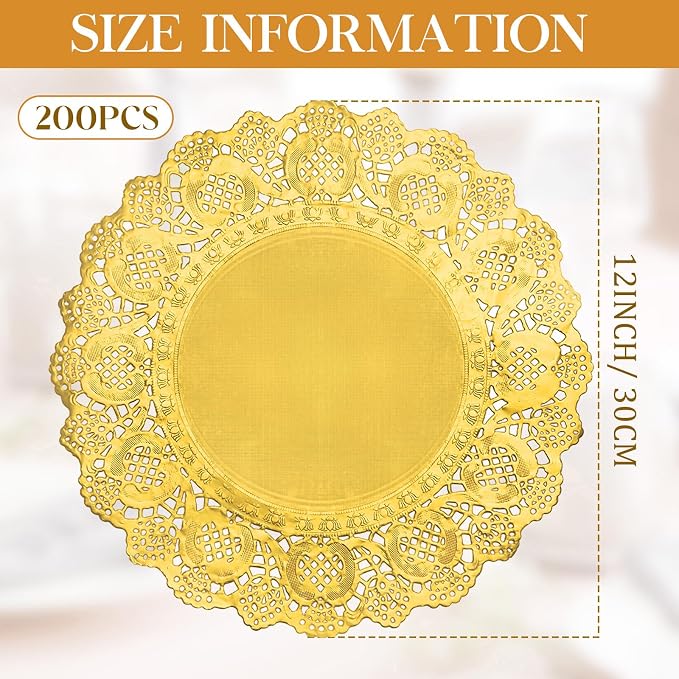 Gueevin 200 Pcs Gold Paper Placemats Disposable Lace Round Paper Placemats Decorative Disposable Placemat Doilies for Dining Wedding Table Decoration Festive Party Birthday Holiday (Gold,12 Inch)