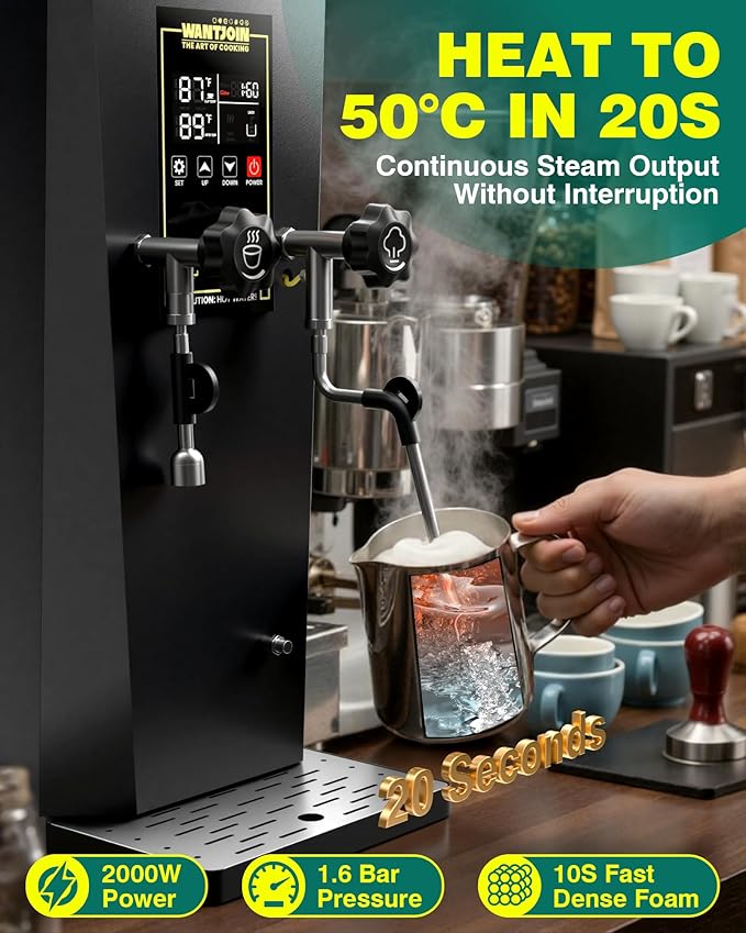 WantJoin Commercial Milk Frother & Beverage Warmer - 2200W Professional Milk Steamer Machine with LED Display Panel for Latte, Cappuccino, Coffee, Hot Chocolate and Milk Tea, Perfect for Cafes & Home