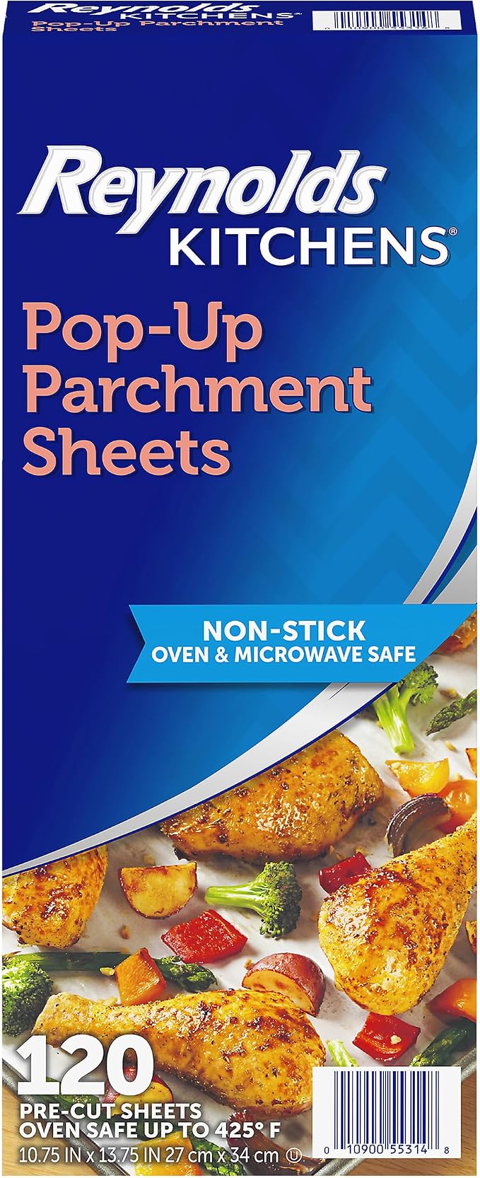 Reynolds Kitchens Pop-Up Parchment Paper Sheets, 120ct | Pre-Cut Nonstick Parchment Sheets, Microwave and Oven Safe Up to 425F, Easy Cleanup, Fits Standard Pans, 10.7 x 13.6 in