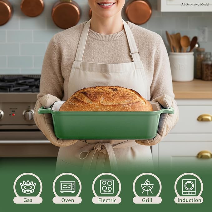 11x5 Inch Cast Iron Bread Pan with Lid, Sourdough Bread Baking | Large Loaf Pans for Baking Bread, Even Heat Distribution Dutch Oven Loaf Pan for Homemade Bread, Meatloaf (5.8Qt, Pistachio)