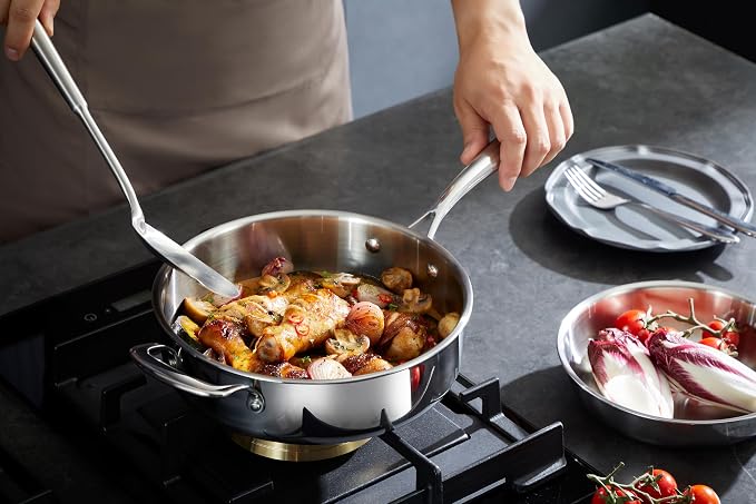 10 Inch/ 2.8 Quart 5-Ply Stainless Steel Saute Pan with Glass Lid | Compatible with All Cooktops, Oven Safe 800F, Dishwasher Safe, PTFE, PFAS and PFOA Free