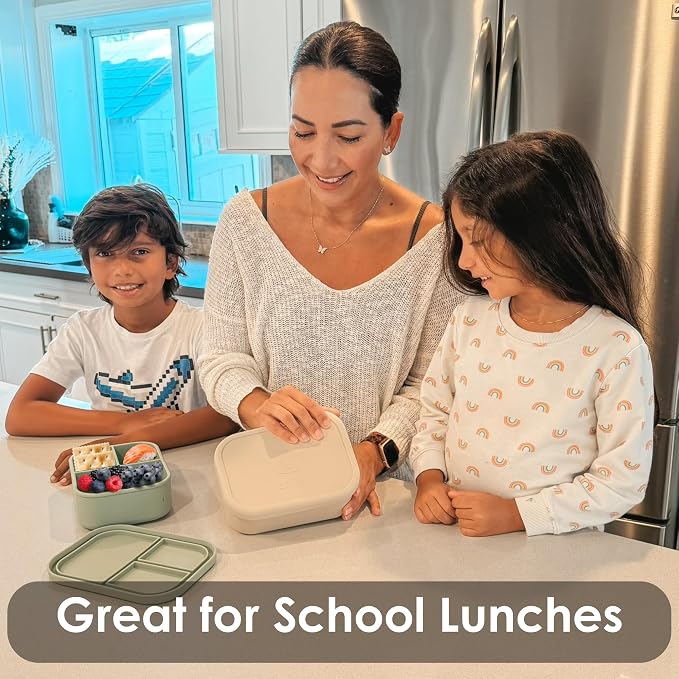 Ali+Oli Silicone Bento Box for Kids, Lunch Container for Toddler Daycare | BPA-Free; Spill-Proof Lid; Three Compartments for Food Separation; Portion Control; Snack Storage; Travel Friendly