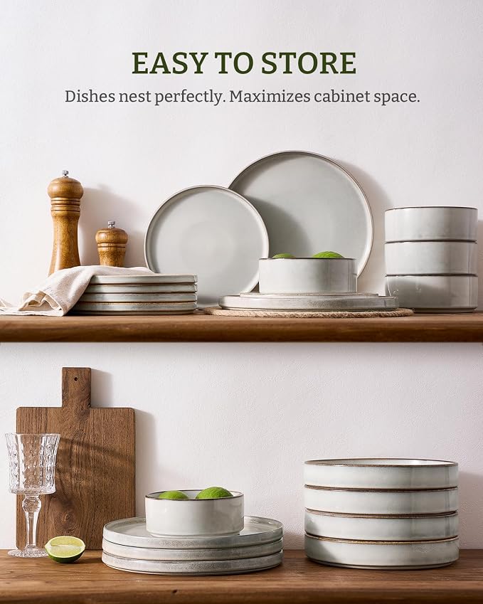 Famiware Annecy 12-Piece Stoneware Dinnerware Set, Grey White | Stoneware Plates and Bowls for 4, Handmade Reactive Glaze, Microwave & Dishwasher Safe, Chip & Scratch Resistant