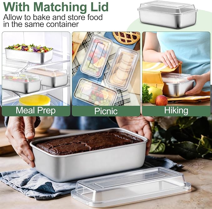 TeamFar Loaf Pan for Baking Bread, 9 x 5 Inch Bread Pan with Lid, Set of 3 | Stainless Steel Meatloaf Pan Tin for Homemade Bread, Brownies, Meal Prep, Storage, Healthy & Dishwasher Safe
