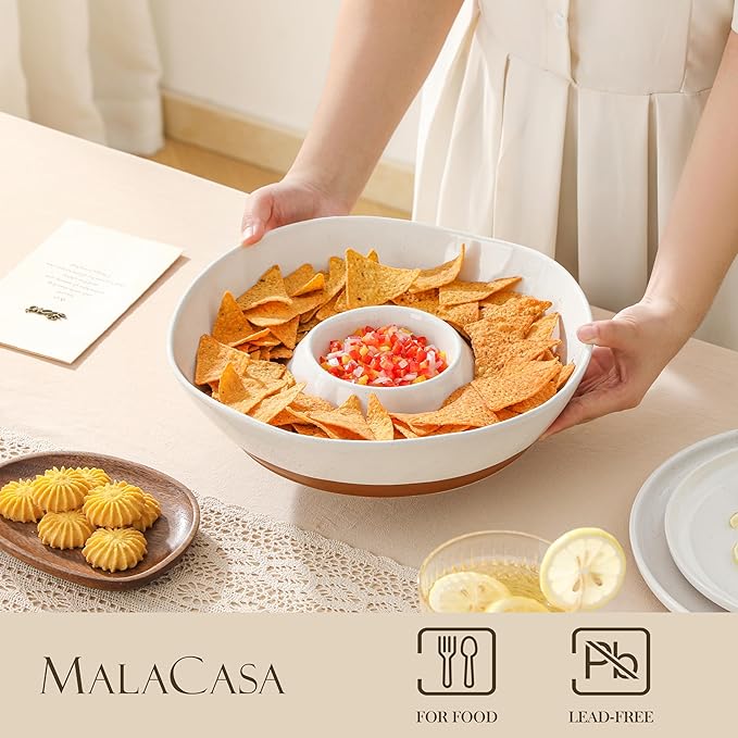 MALACASA Ceramic Chips and Dip Serving Tray, 12 Inch Dip Serving Tray | Free-Form Divided Ceramic Chips and Dip Bowls for Parties, Hosting and Entertaining, White