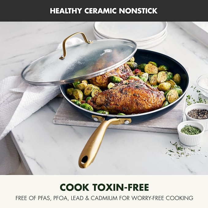 GreenPan Swift Cookware 12" Frying Pan Skillet with Glass Lid, Healthy Ceramic Nonstick Coating, Heavy-Gauge Aluminum, Gold-Tone Stainless Steel Handle, PFAS-Free, Dishwasher & Oven Safe, Black