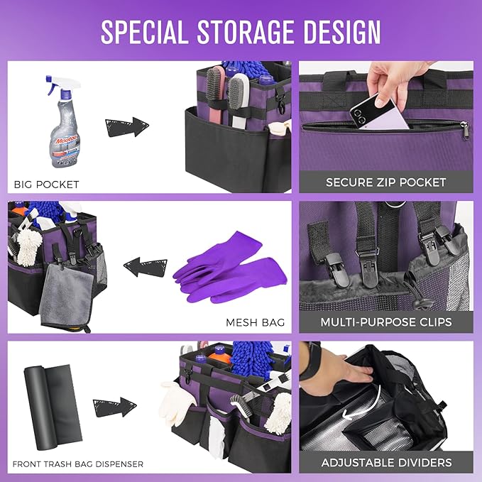 SCAVATA Wearable Cleaning Caddy, Cleaning Caddy Supplies Organizer with Handle & Shoulder Straps for Housekeepers, Under Sink & Car Cleaning Tool Organizers Bag with 4 Foldable Divider (Purple)