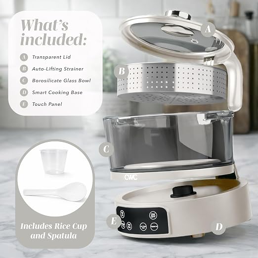 COOK WITH COLOR Glass Mini Low Carb Rice Cooker – Holds 2 Cups Raw/Makes 6 Cups Cooked with Auto Lift Filter Basket, Hotpot & Steamer for Rice, Grains, Digital Panel with Keep Warm, Cream