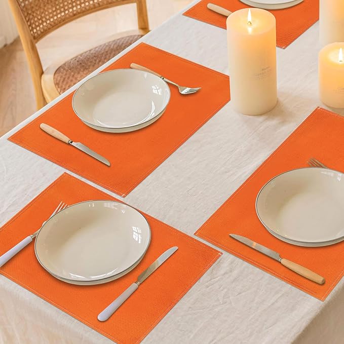 Orange Fall Placemats Set of 6, 12x18 Inch Washable Easy to Clean Heat-Resistant Anti-Skid Indoor Outdoor Table Mats for Holiday Party Kitchen Dining Room Decoration