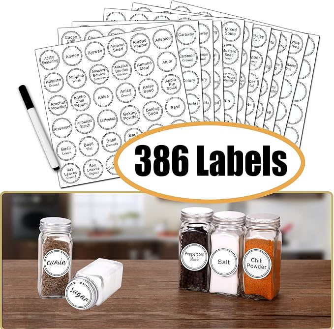 SWOMMOLY 48 Pcs 4 oz Glass Spice Jars with Shaker Lids and 806 White Labels | Empty Square Spice Containers with Airtight Lids, Chalk Marker, Funnel - Seasoning Bottles for Spice Racks, Cabinets, Drawers