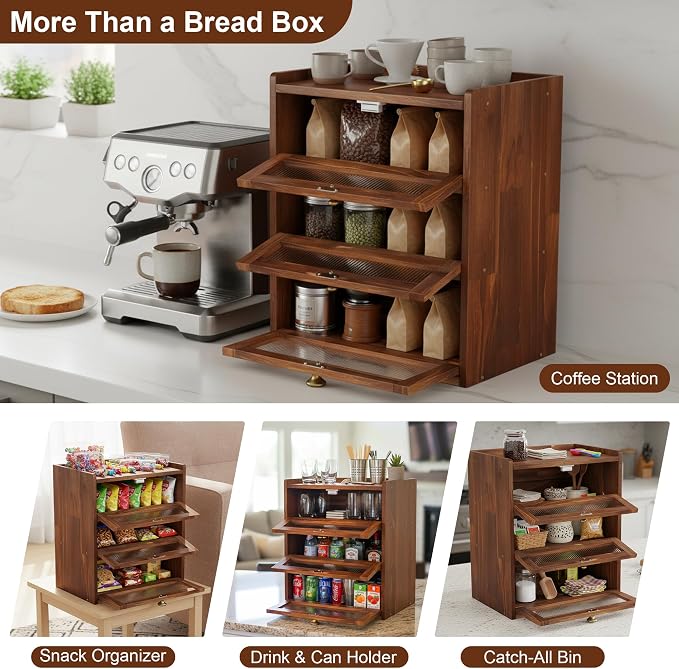 3 Layer Wooden Bread Box with Acrylic Window, Large Capacity | Vintage Kitchen Countertop Food Organizer; Pantry Shelf with Magnetic Door and Rear Ventilation; Housewarming Gift