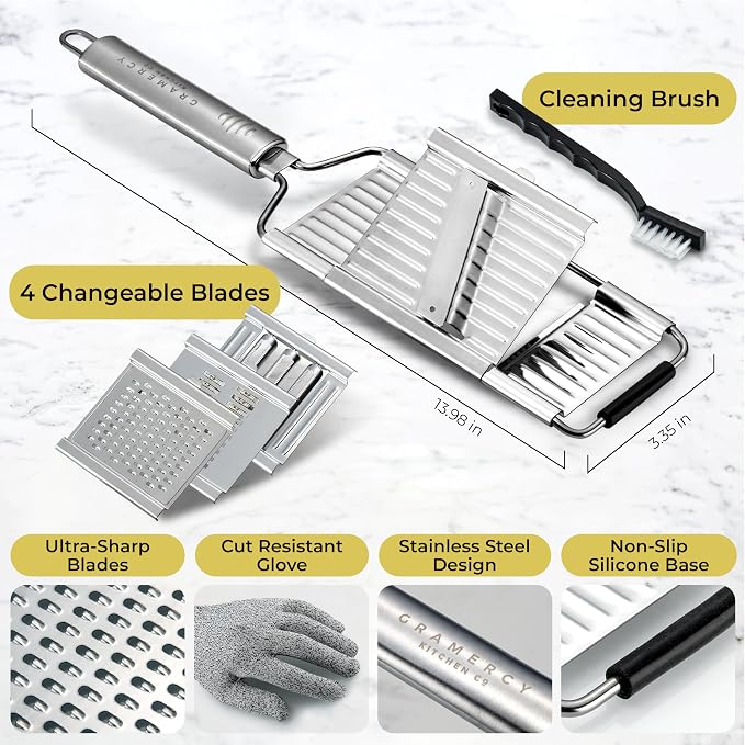 Gramercy Handheld Mandoline Slicer for Kitchen - Stainless Steel Veggie & Fruit Slicer with 4 Blades - Slicer, Julienne & Grater, Cut Resistant Safety Glove & Cleaning Brush Included, Dishwasher Safe