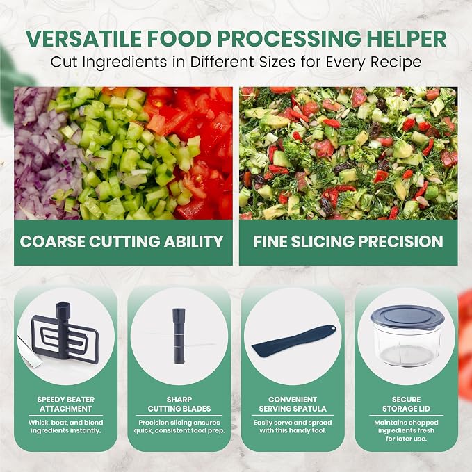 Vivaant Hand Pull Manual Food Chopper, Onion Chopper Vegetable Cutter Dicer | Nut & Garlic Chopper for Kitchen, 2 Speed Stainless Blades, Small Hand Held Vegetable Dicer with Whisk Attachment
