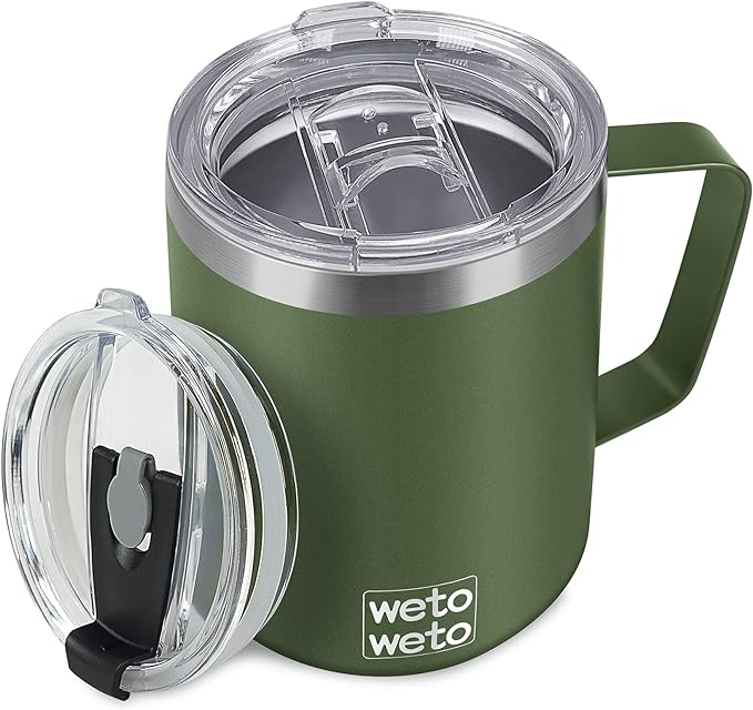 WETOWETO Coffee Mug with Handle, 14oz Insulated Stainless Steel Reusable Coffee Cup, Double Wall Coffee Travel Mug, Powder Coated Olive Green