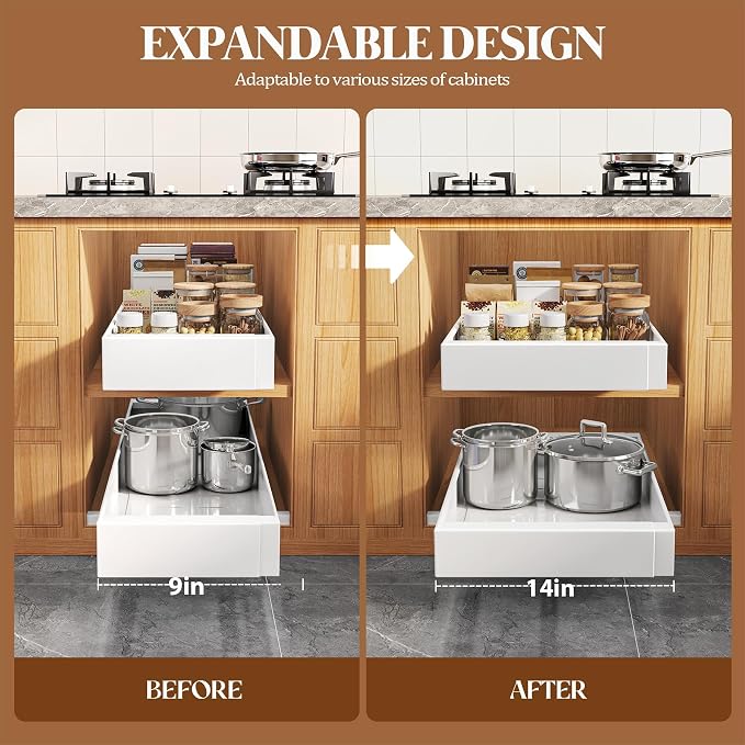 Seinloes 4 Pack Expandable Pull Out Cabinet Organizer 21" Deep With Raising Pad for Framed Cabinets,Upgrade 3 Slide Rails Slide Out Drawers,No Drill Roll Out Shelves,Adjustable Width 9"-14" White