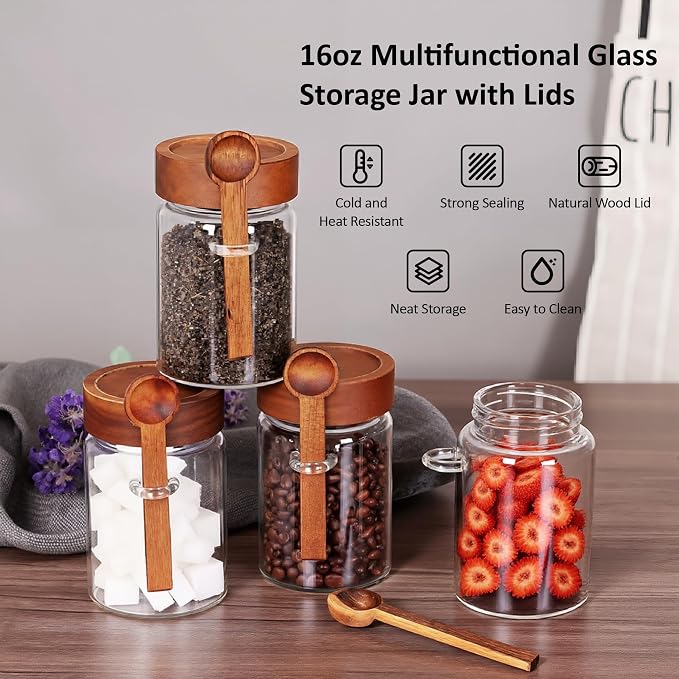 28 oz/850 ml Glass Storage Canister with Airtight Wooden Lid, Clear Small Decorative Container Jar with Spoon for Salad Overnight Oats Snacks Yogurt Cereal Fruit Spice Sugar Coffee - 4 Pack