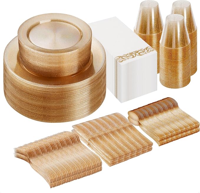 350 Pieces Gold Glitter Disposable Dinnerware Set for 50 Guests | Plastic Plates for Party, Include: 100 Gold Glitter Plastic Plates, 50 Paper Napkins, 50 Cups, 50 Gold Glitter Silverware Set