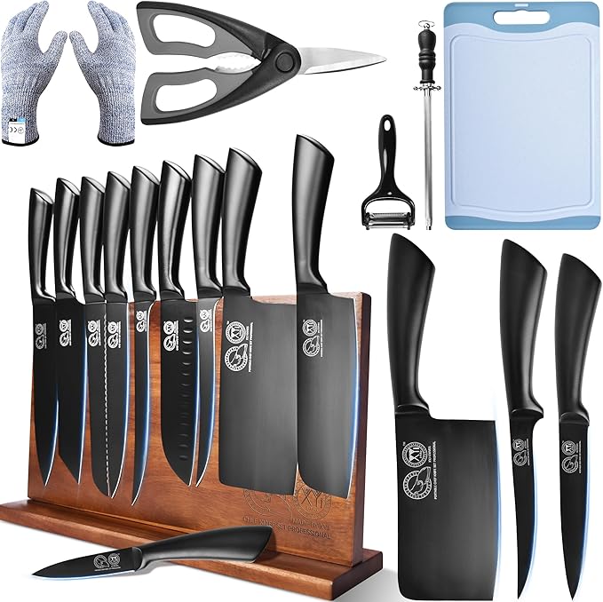XYJ Professional Knife Sets for Master Chefs, Knife Block Set | Meat Cleaver Butcher for Camping,Chef Knife Set with Magnetic Knife Block,Stainless Steel Kitchen Knives Tools Kit