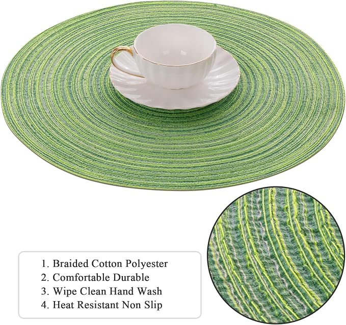 SHACOS Round Placemats Set of 8 Washable 15 inch Round Table Mats Braided Non Slip Fabric Place Mats for Dining Table Indoor Outdoor (Mixed Color Pea Green, 8)