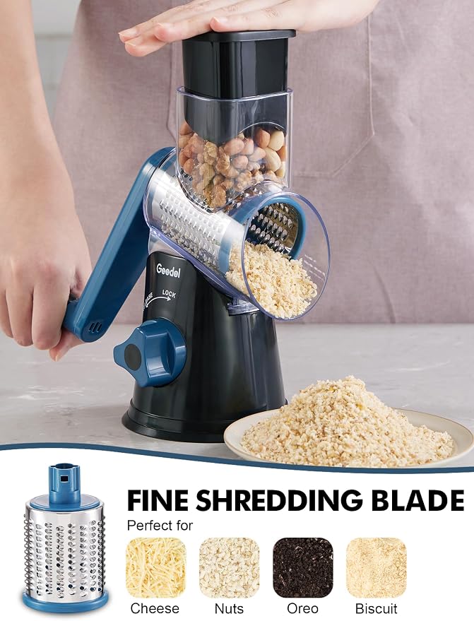 Geedel Rotary Cheese Grater, Kitchen Mandoline Vegetable Slicer with 3 Interchangeable Blades, Easy to Clean Rotary Grater Slicer for Fruit, Vegetables, Nuts | 3 Blades, 430 Stainless Steel, 12x Fast Cutting, Strong Suction Base, No BPA, Dishwasher Saf...