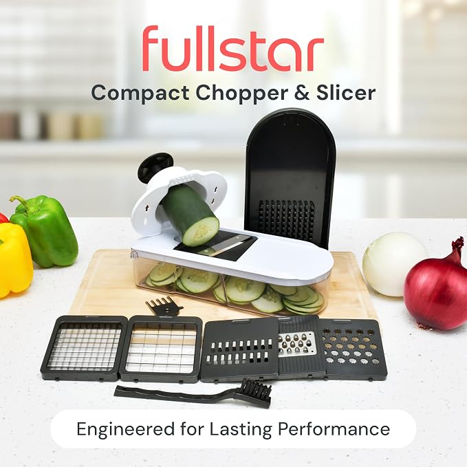 Fullstar Pro Core Vegetable Chopper & Mandoline Slicer, Meal Prep Essential | 6 in 1 Veggie Slicer, Onion & Fruit Slicer with Julienne, Grater & Dicer Stainless Steel Blades + Container (Full White)