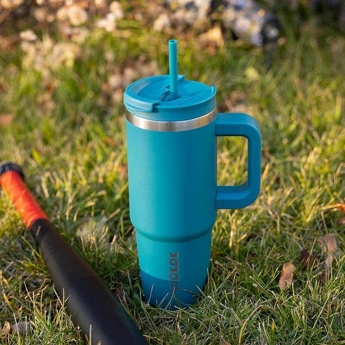 BJPKPK 30 oz Insulated Tumbler with Handle & Straw, Stainless Steel | Double Wall Vacuum Insulation, Leak Proof, BPA Free, Dishwasher Safe, Cupholder Friendly, Travel & Outdoor, Macaron Green