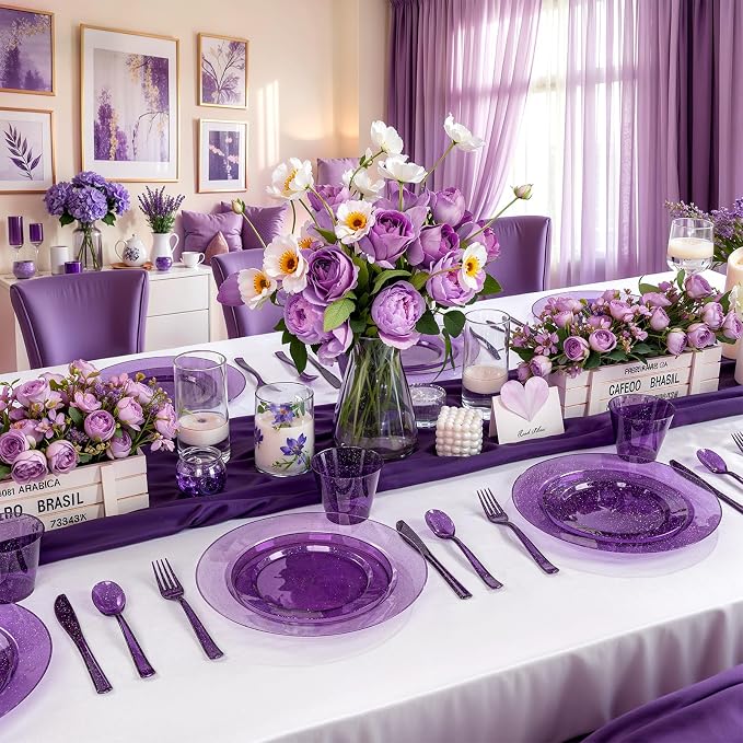 DaYammi 350 Pieces Purple Glitter Dinnerware Set 50 Guest for Party- 50 Dinner Plates, 50 Dessert Plates -50 Per Rolled Napkins with Purple Cutlery - 50 Disposable Cups 9 OZ