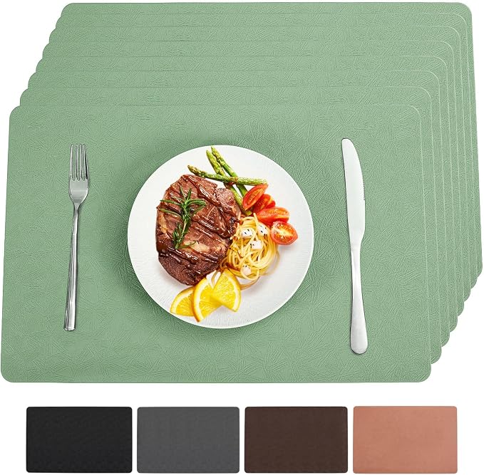 Green Vinyl Placemats Set of 8 Waterproof Wipeable Table Mats | Heat Resistant Easy Clean Place Mats Faux Leather Table Mats Washable PVC Table Placemats for Dining Table