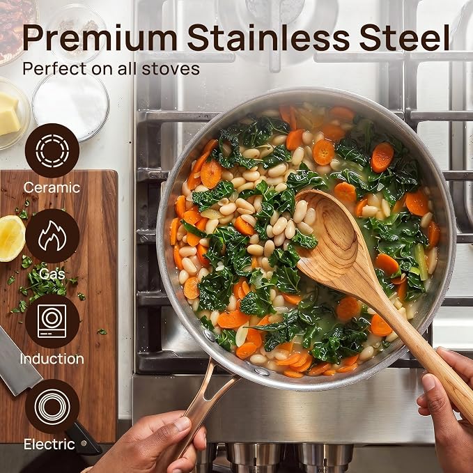 KOKHUB 4.5QT/11 Vintage Saute Pan with Lid, Tri-Ply Stainless Steel | Deep Frying Pan Skillet, Uncoated Cookware Chef Pan, Copper Handle, PFOA Free, Dishwasher & Oven Safe